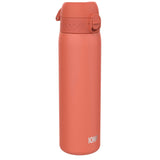 A coral-colored water bottle stands upright with a secure lid and latch feature ION8 logo near the base on a plain white background