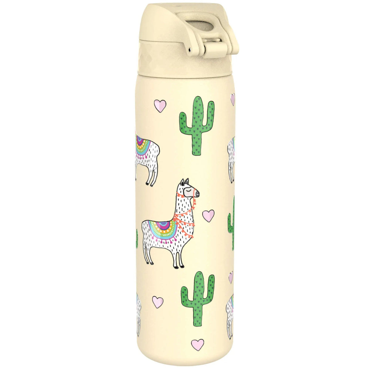 A cream-colored water bottle featuring llamas decorated with colorful details standing among green cacti and pink hearts scattered around the surface in a whimsical design.