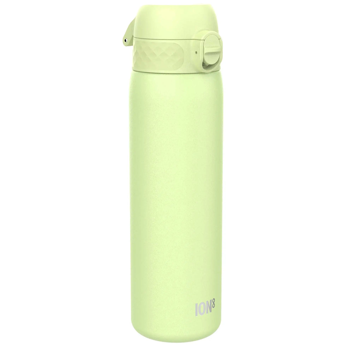 A light green reusable water bottle with a flip-top lid stands upright in a plain white background context with the text ION8 near the base.