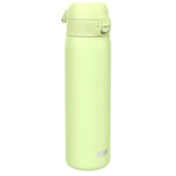A light green reusable water bottle with a flip-top lid stands upright in a plain white background context with the text ION8 near the base.