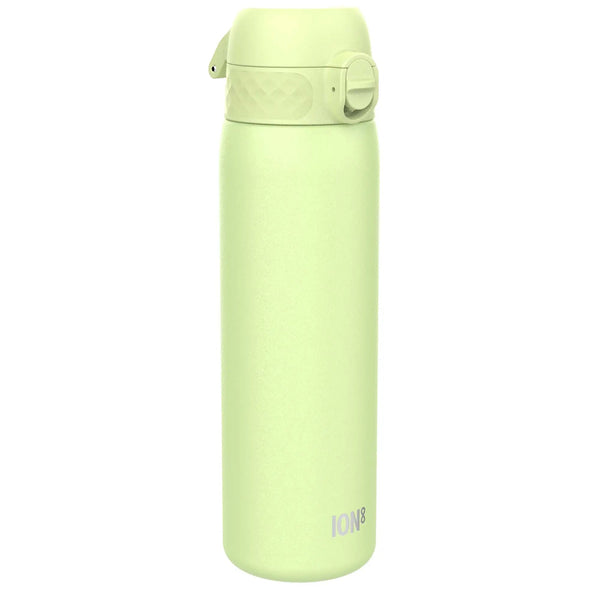 A light green reusable water bottle with a flip-top lid stands upright in a plain white background context with the text ION8 near the base.