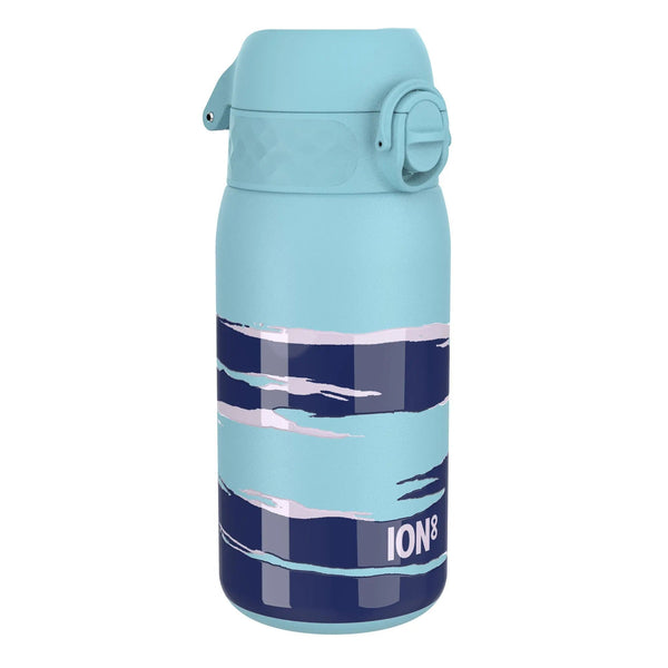 A blue insulated water bottle stands upright decorated with abstract navy and light blue wave patterns and features a flip-top lid. The text "ION8" appears near the bottom.