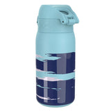 A light blue insulated water bottle stands upright decorated with abstract navy and light blue wave patterns in a plain white background.