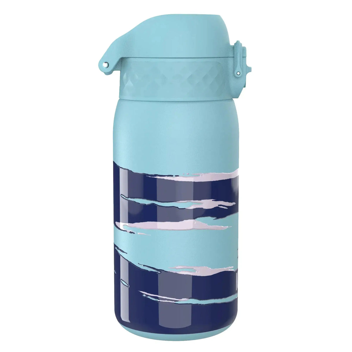 A light blue water bottle with a secure lid features abstract dark blue and light pink wave designs across its surface against a plain white background.