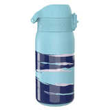 A light blue water bottle with a secure lid features abstract dark blue and light pink wave designs across its surface against a plain white background.