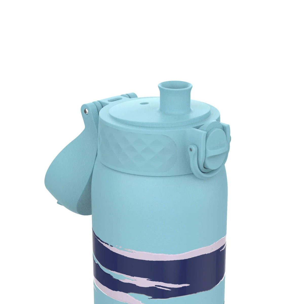 A light blue water bottle with a flip-top lid and spout features abstract navy and lavender stripes wrapping around its body against a plain white background.