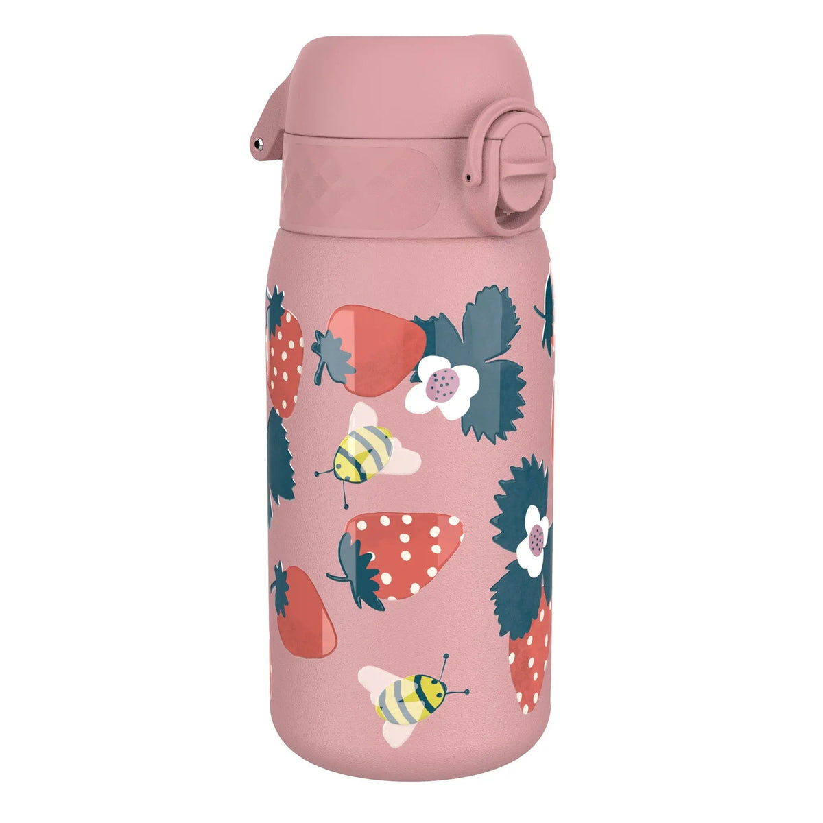 A pink water bottle decorated with illustrations of strawberries, flowers, and bees stands upright, set against a plain white background.