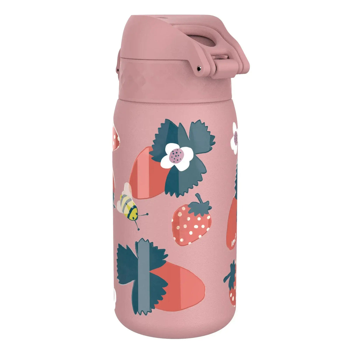 A pink water bottle covered with illustrations of strawberries, flowers, and a bee set against a white background.