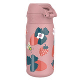 A pink water bottle covered with illustrations of strawberries, flowers, and a bee set against a white background.