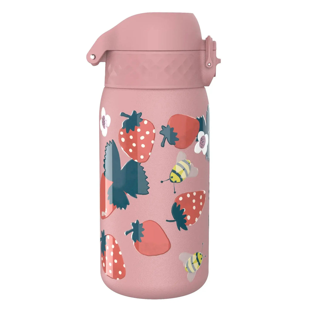 A pink water bottle decorated with illustrations of strawberries, leaves, flowers, and bees stands upright against a plain white background.