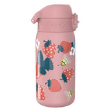 A pink water bottle decorated with illustrations of strawberries, leaves, flowers, and bees stands upright against a plain white background.