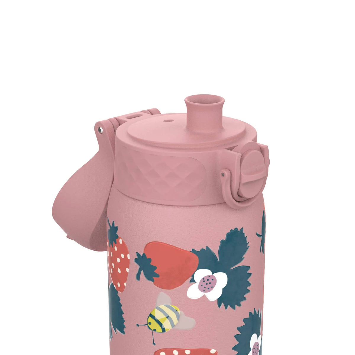 A pink water bottle features an attached lid and spout in a garden-themed design with strawberries, leaves, flowers, and a bee against a plain white background.