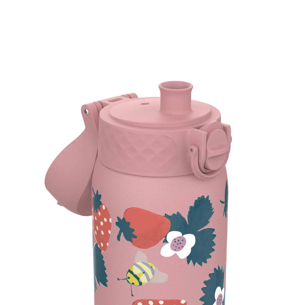A pink water bottle features an attached lid and spout in a garden-themed design with strawberries, leaves, flowers, and a bee against a plain white background.