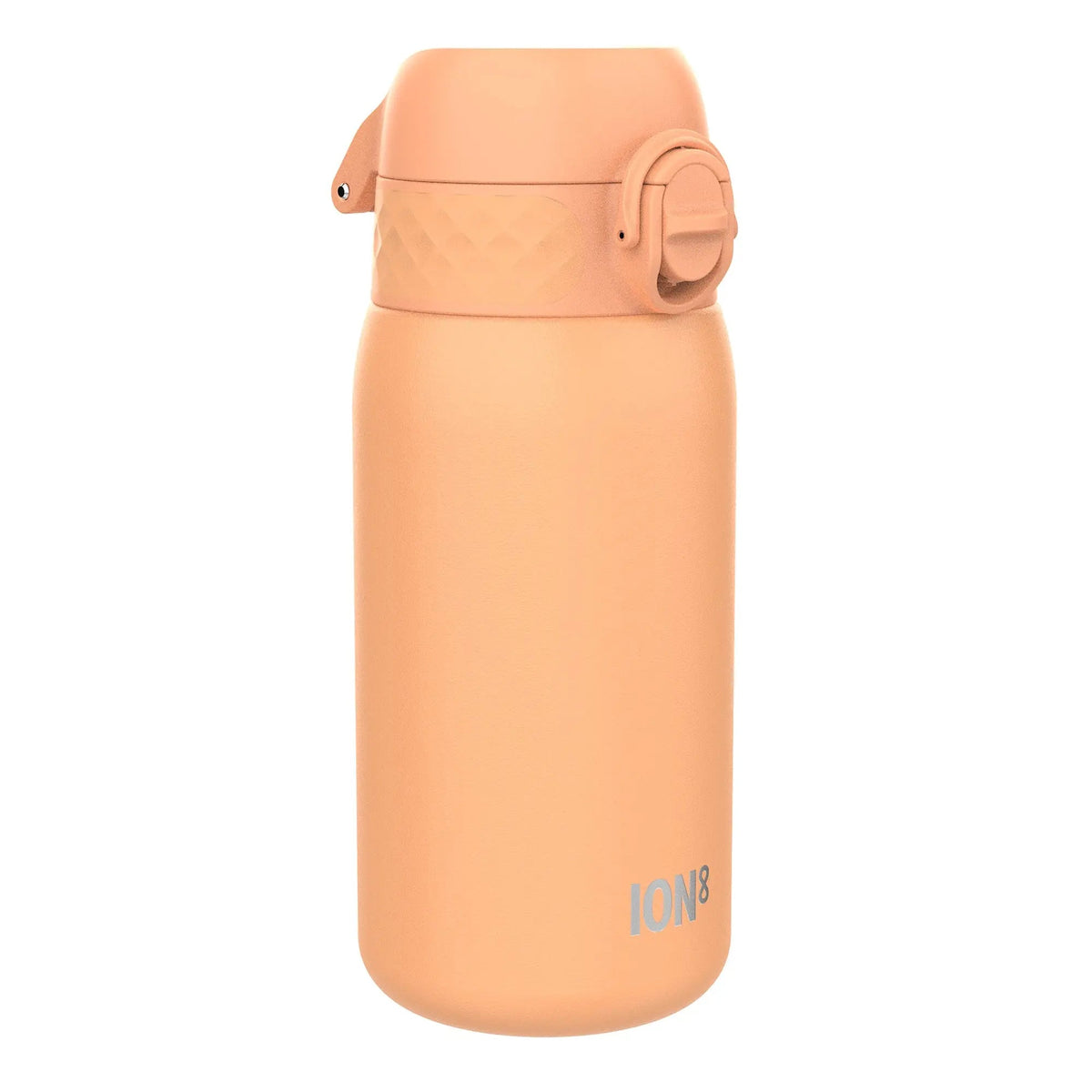 A peach-colored water bottle stands upright with a secure flip lid and textured grip on a plain white background. The text "ION8" is printed near the bottom.