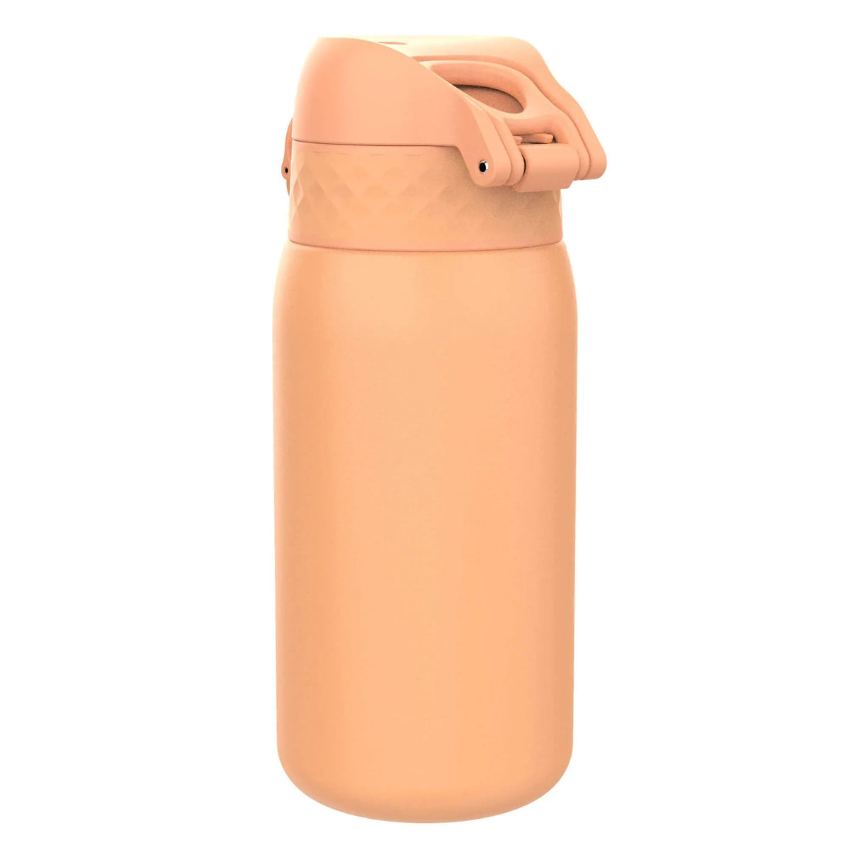 A peach-colored insulated water bottle stands upright with a closed flip-top lid in a plain white background.