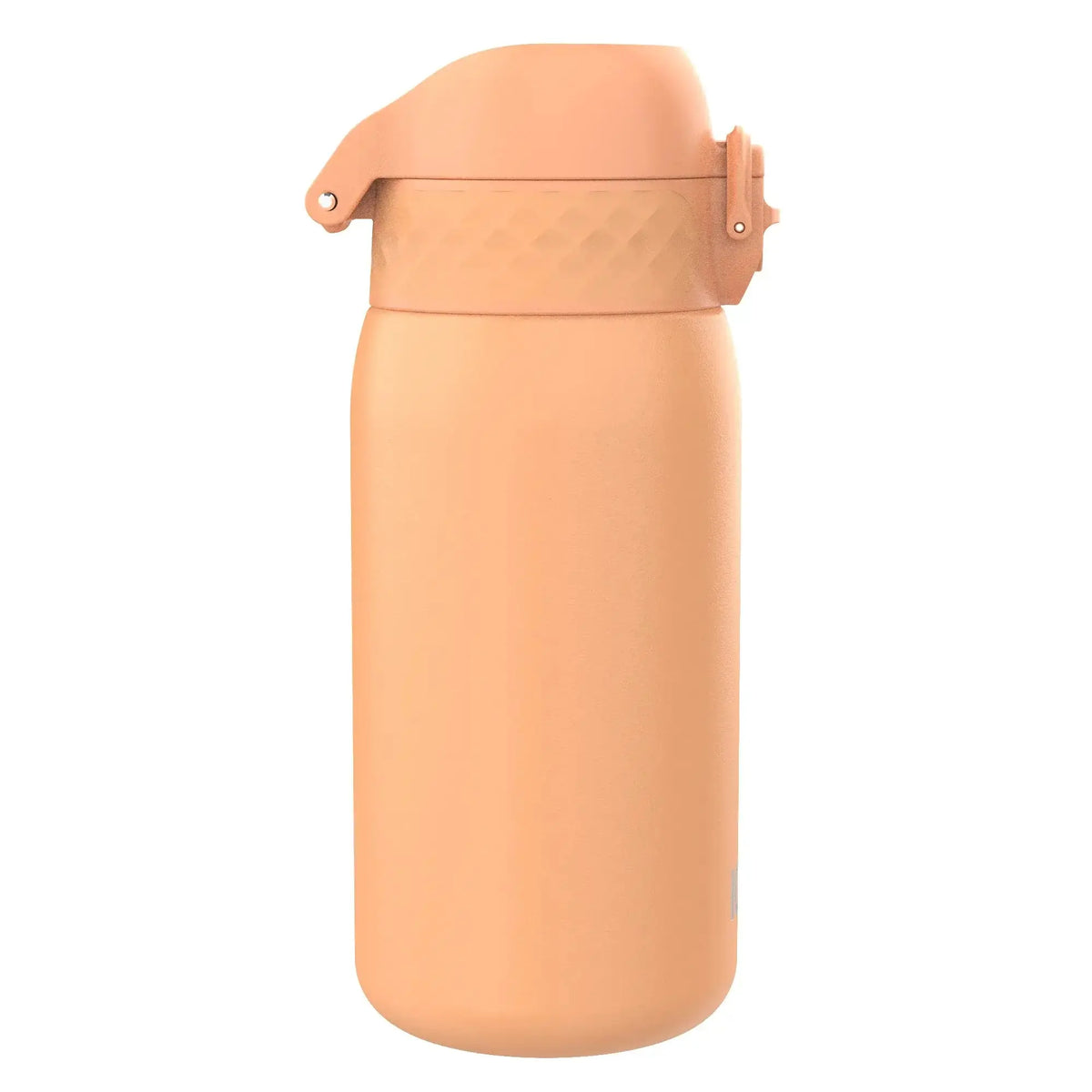 A peach-colored insulated water bottle with a textured lid, standing upright against a plain white background.