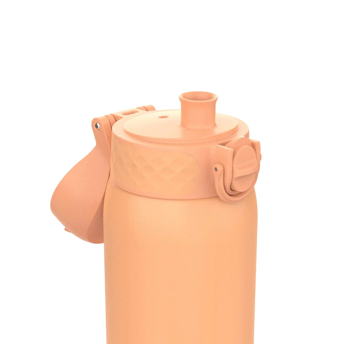 A peach-colored insulated water bottle features an open spout and a flip-top lid in a white background setting