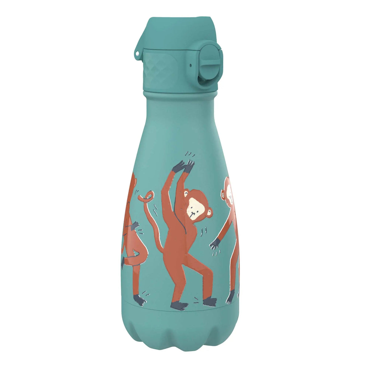 A teal water bottle features illustrations of cartoon monkeys dancing energetically across its surface.