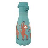 A teal water bottle features illustrations of cartoon monkeys dancing energetically across its surface.
