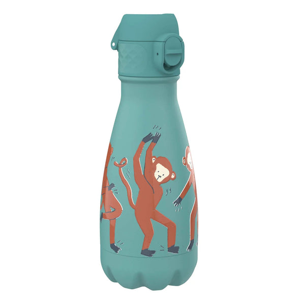 A teal water bottle features illustrations of cartoon monkeys dancing energetically across its surface.