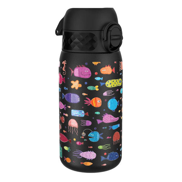 A black water bottle features colorful cartoon sea creatures in various shapes and sizes covering its surface in an underwater-themed design.