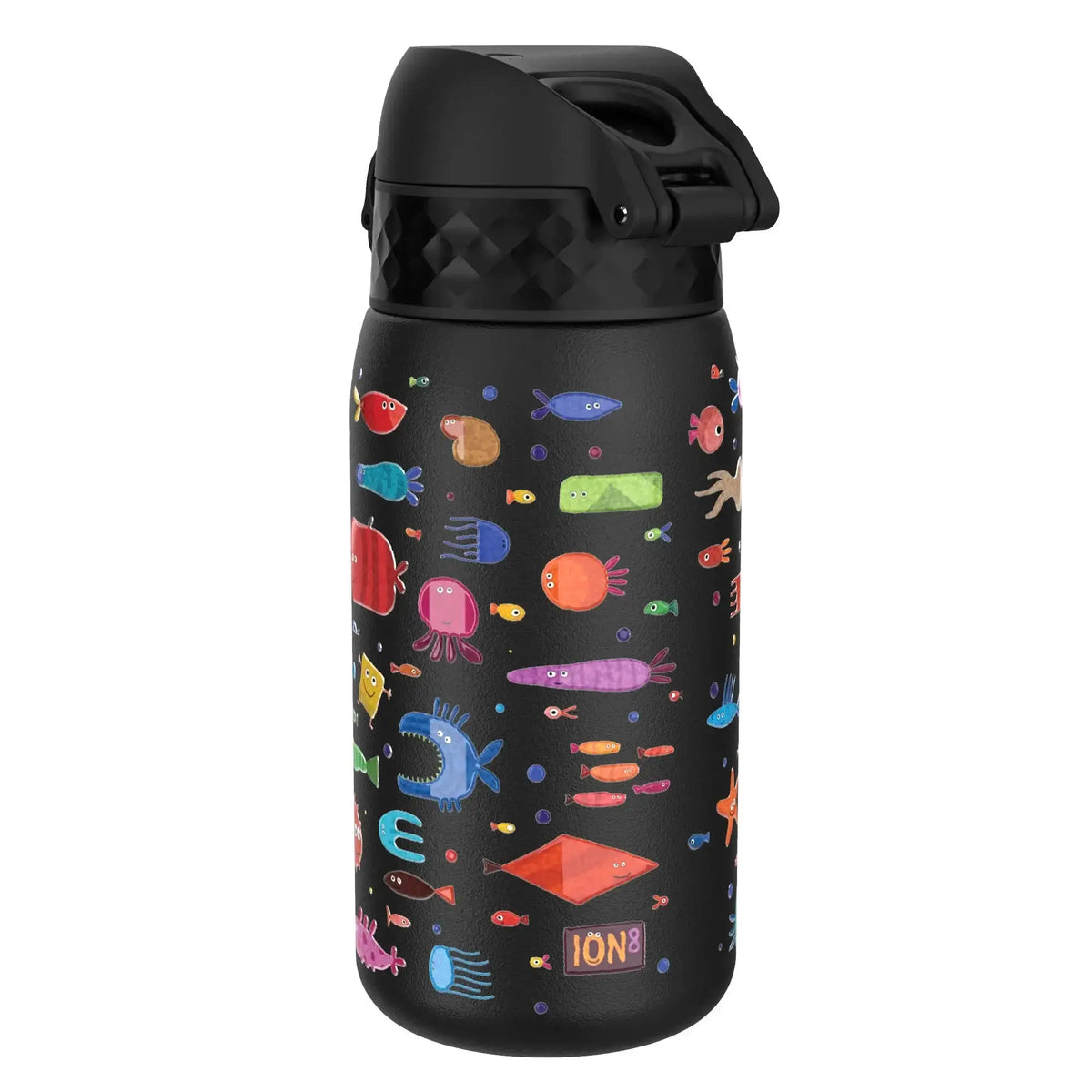 A black water bottle adorned with colorful, cartoon sea creatures including fish, octopuses, and crabs; features a black flip cap and the text "ION8" near the bottom.