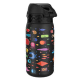 A black water bottle adorned with colorful, cartoon sea creatures including fish, octopuses, and crabs; features a black flip cap and the text 