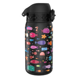 A black water bottle displays colorful, cartoon sea creatures including fish, octopuses, and starfish, emphasized by a whimsical aquatic theme on its surface