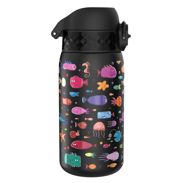 A black water bottle displays colorful, cartoon sea creatures including fish, octopuses, and starfish, emphasized by a whimsical aquatic theme on its surface