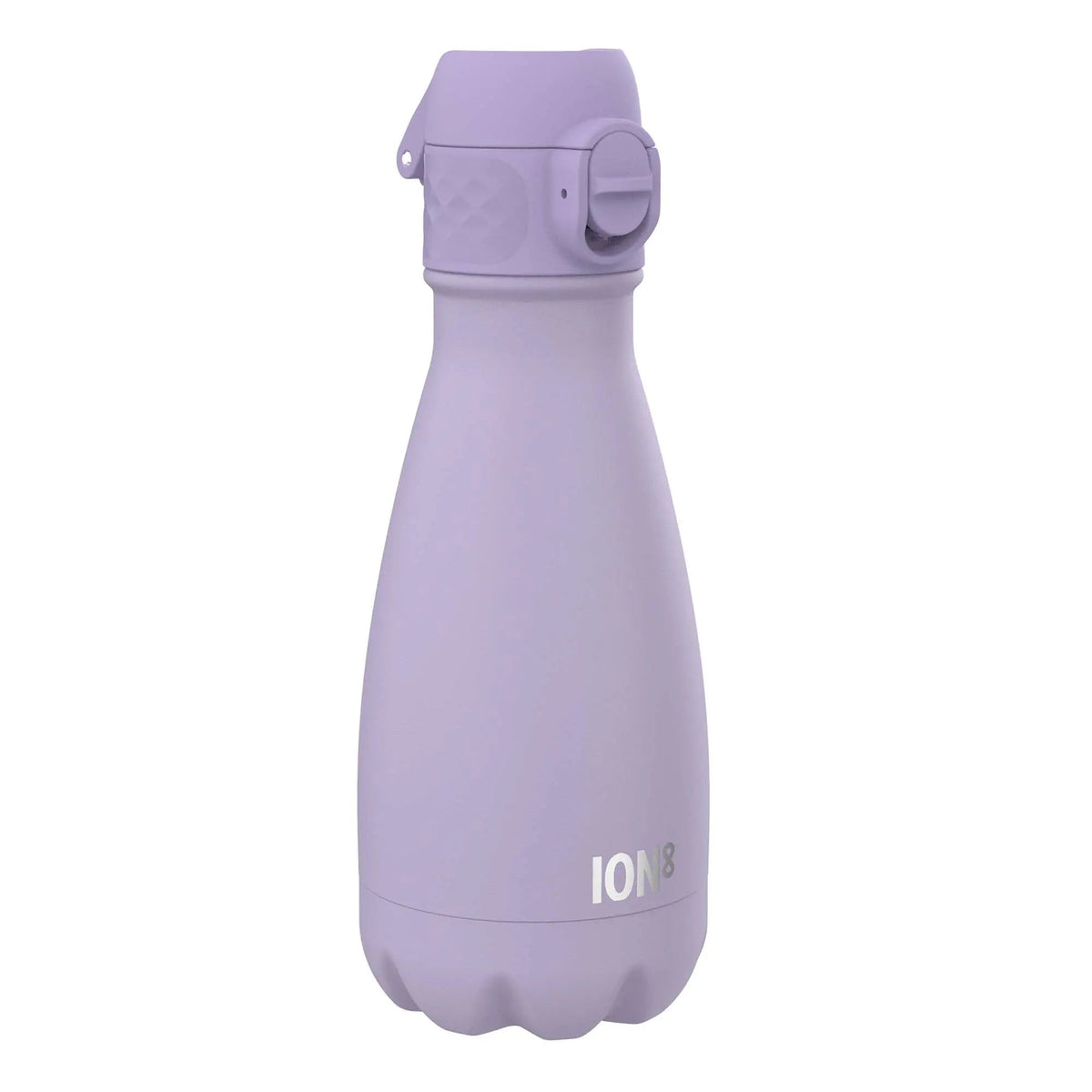 A lavender reusable water bottle stands upright featuring a rounded base and a flip-top spout in a plain white background with the logo "ION8" printed near the bottom.