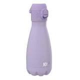 A lavender reusable water bottle stands upright featuring a rounded base and a flip-top spout in a plain white background with the logo 