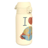A beige water bottle depicts an illustrated Earth wearing a red cape, alongside the text 