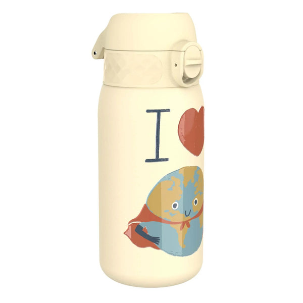 A beige water bottle depicts an illustrated Earth wearing a red cape, alongside the text "I ??" symbolizing love for the planet in a minimalistic background.