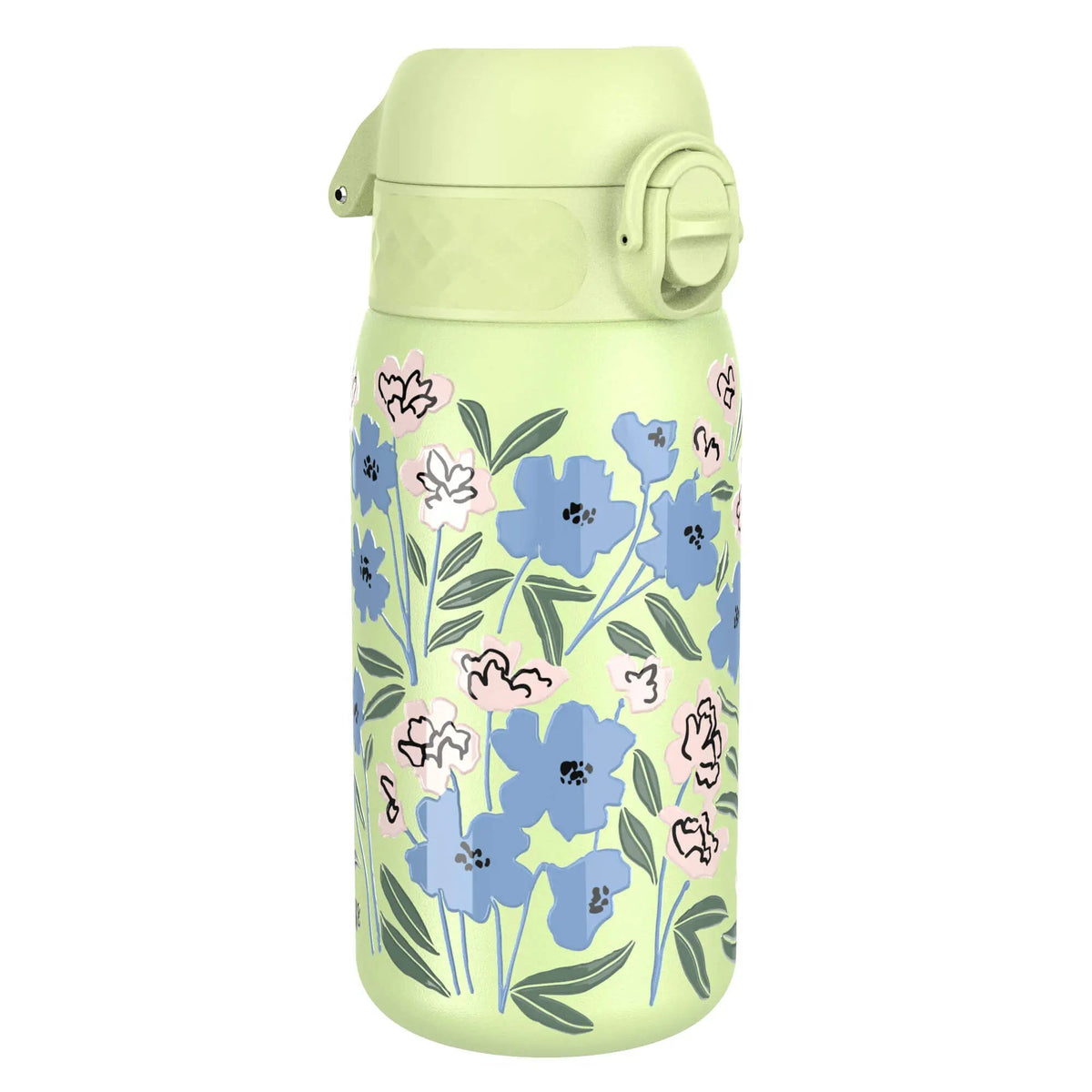 A green thermos bottle decorated with blue and pink flowers stands upright against a plain white background.