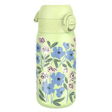 A green thermos bottle decorated with blue and pink flowers stands upright against a plain white background.