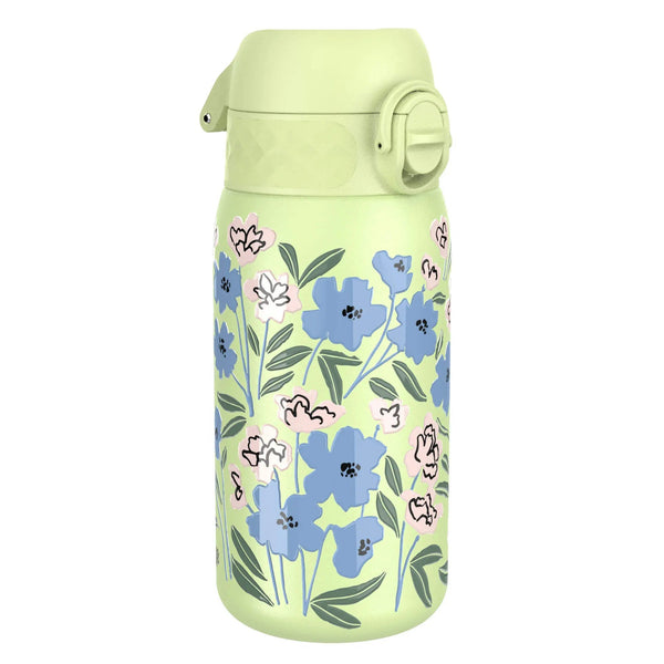 A green thermos bottle decorated with blue and pink flowers stands upright against a plain white background.