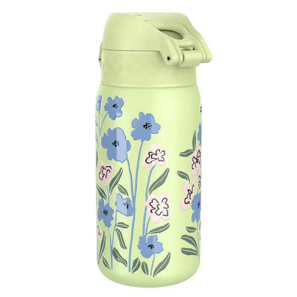 A green water bottle features a floral pattern with blue and pink flowers and green leaves against a plain white background.