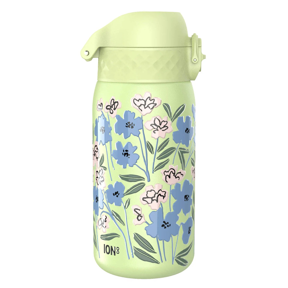 A green water bottle features a floral design with blue and white flowers and a secure lid in a simple white background context Text: ION8
