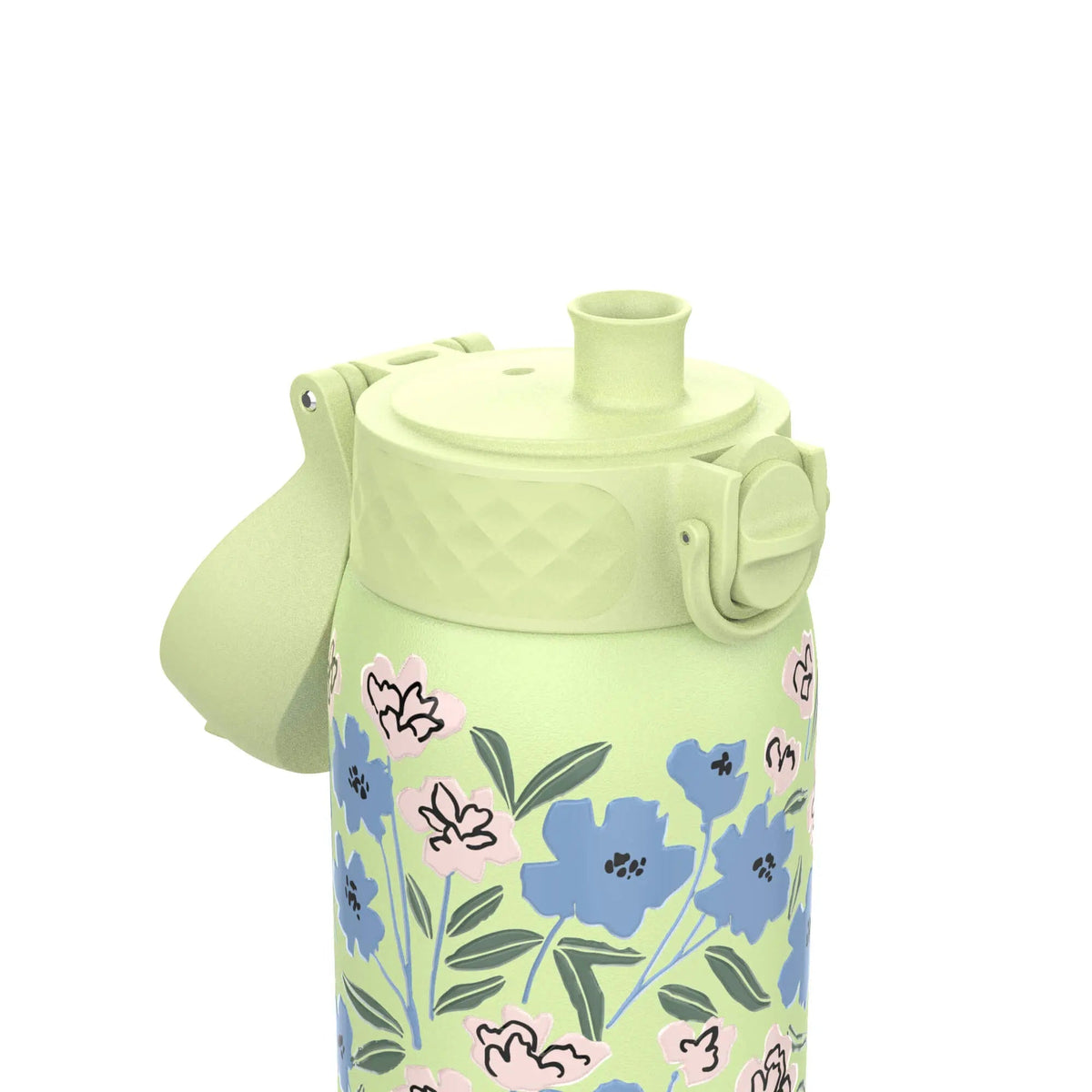 Light green water bottle with a floral pattern of blue and pink flowers and a flip-top lid standing against a plain white background.