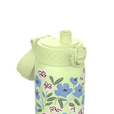 Light green water bottle with a floral pattern of blue and pink flowers and a flip-top lid standing against a plain white background.