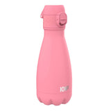 A pink water bottle with a rounded body and secure flip lid labeled 