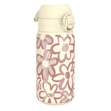 A floral-patterned water bottle features a pink and cream design with bold flower outlines covering the surface. The bottle's lid has a secure flip-lock mechanism and displays the text 