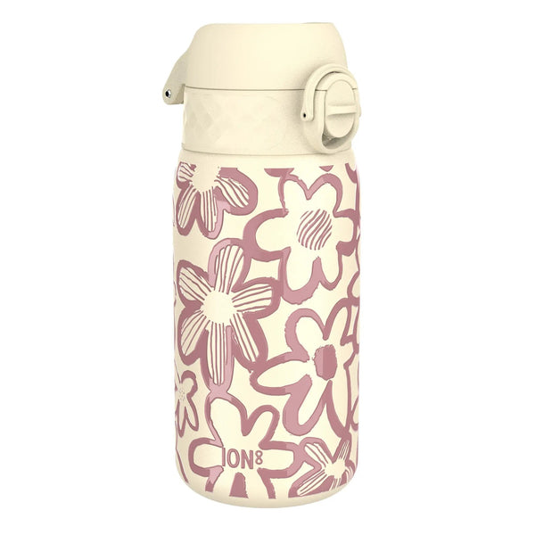 A floral-patterned water bottle features a pink and cream design with bold flower outlines covering the surface. The bottle's lid has a secure flip-lock mechanism and displays the text "ION8".
