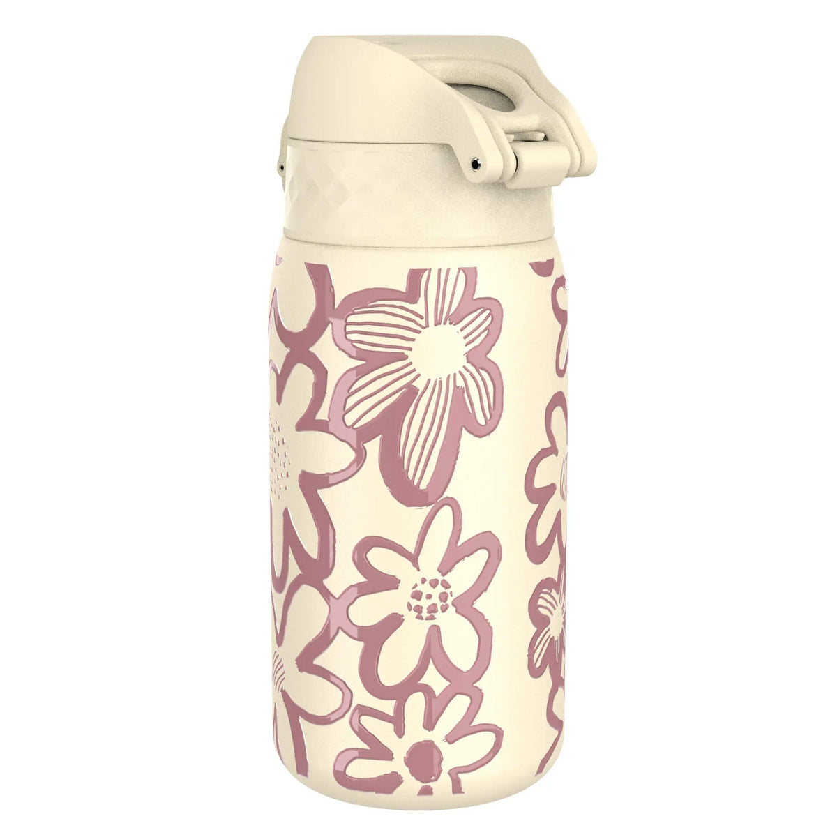 A water bottle decorated with pink floral patterns stands against a plain background showcasing its cream-colored flip-top lid.