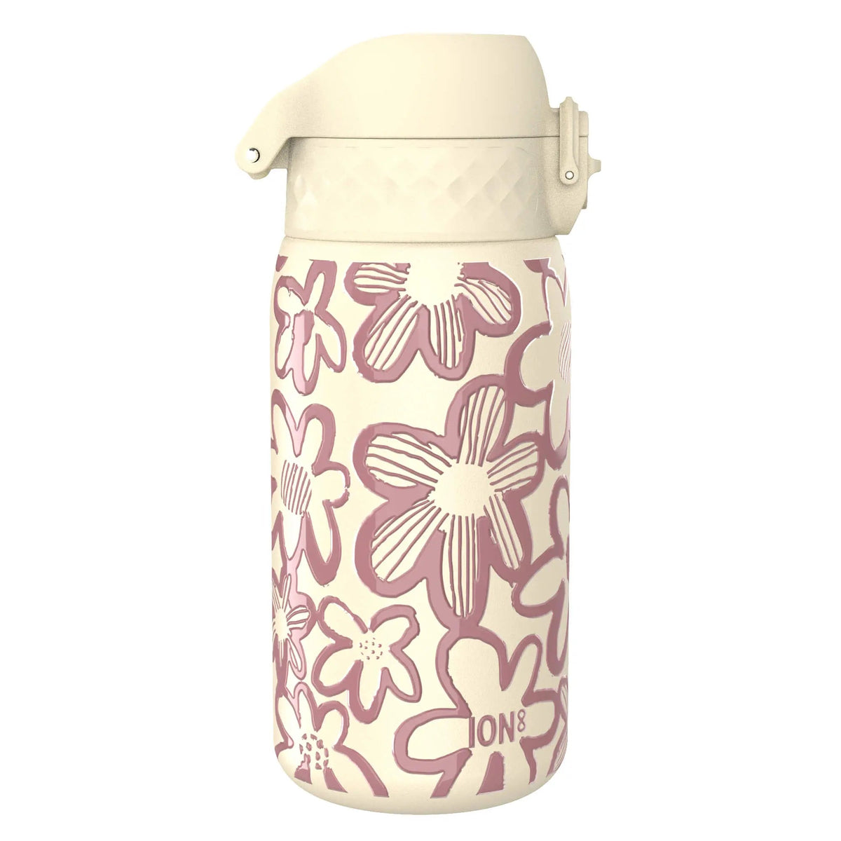 A cream-colored water bottle displays pink floral designs and features a locking lid mechanism labeled "ION8" standing against a plain white background.