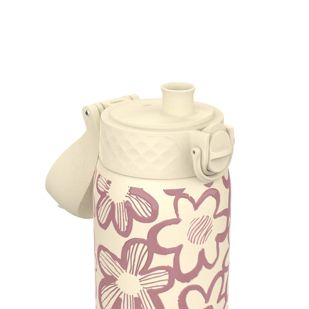 A reusable bottle featuring a closed spout and hinge cap is decorated with a pattern of large, abstract pink flowers on a cream background against a plain white backdrop.