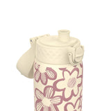 A reusable bottle featuring a closed spout and hinge cap is decorated with a pattern of large, abstract pink flowers on a cream background against a plain white backdrop.