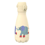 A cream-colored water bottle features illustrations of elephants wearing red roller skates and glasses linked by trunks against a plain white background.