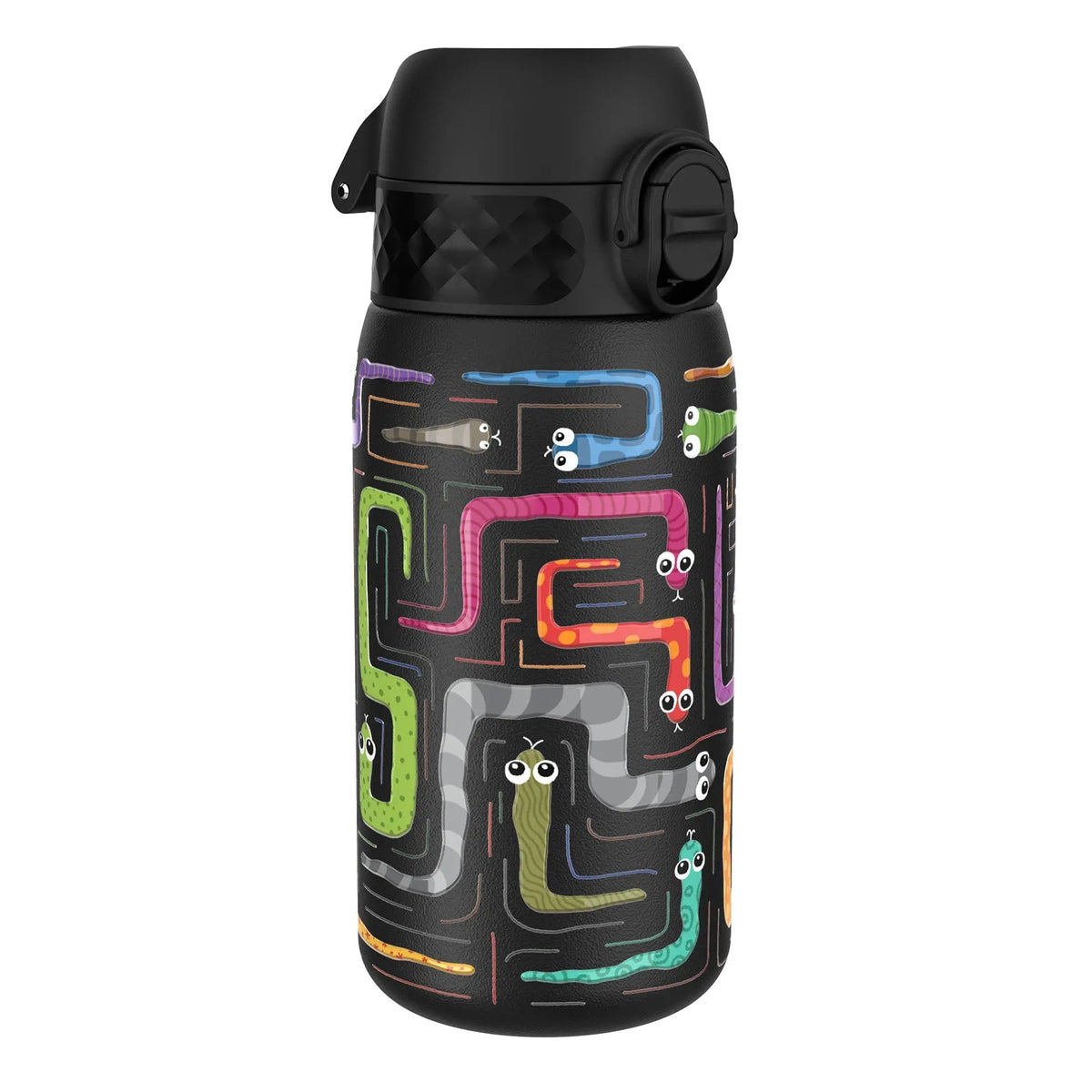 A black water bottle displays colorful cartoon snakes winding through a maze-like pattern, each with expressive eyes, creating a playful design.