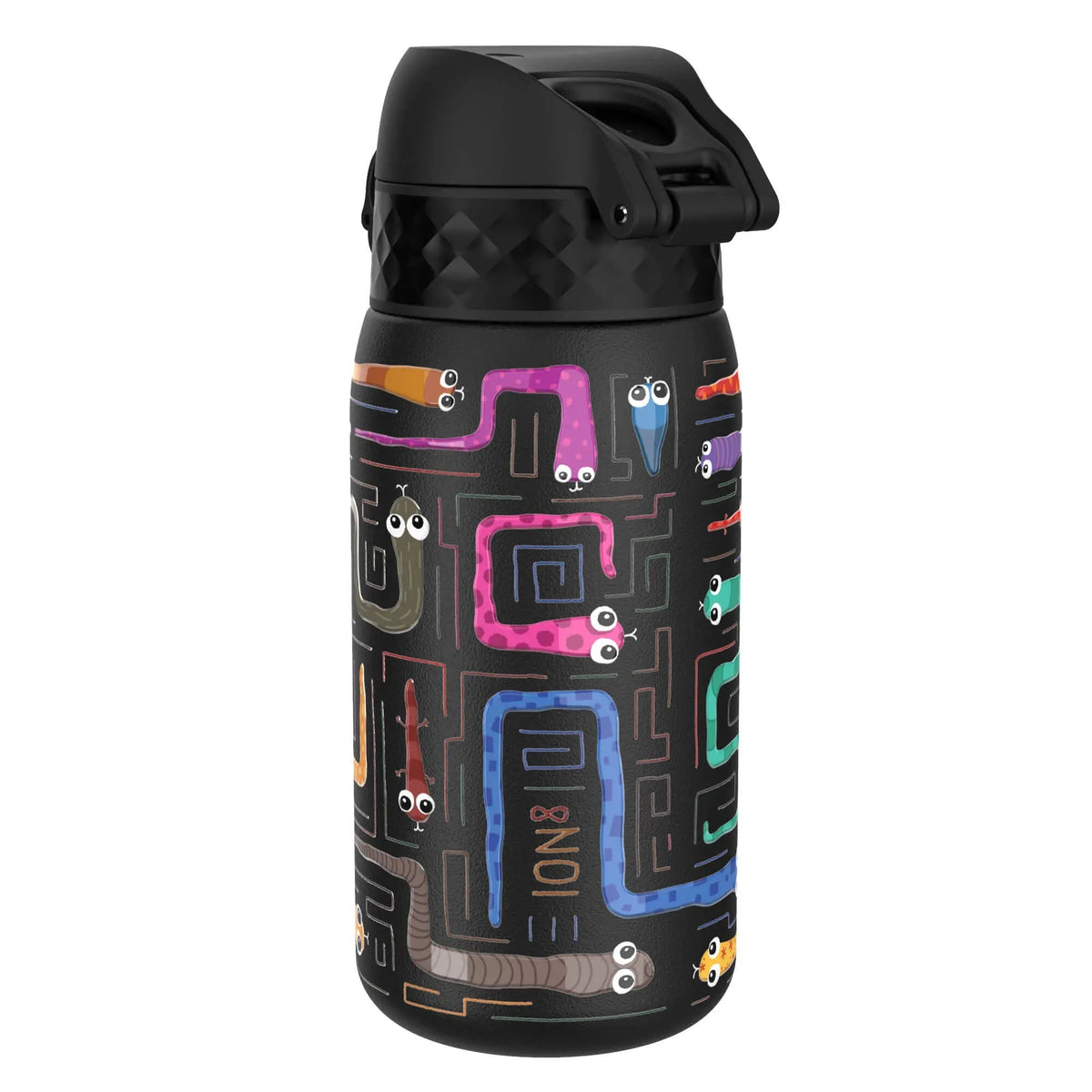 A black water bottle decorated with colorful cartoon worms and maze-like patterns against a plain white background Text on the bottle reads "ION8"